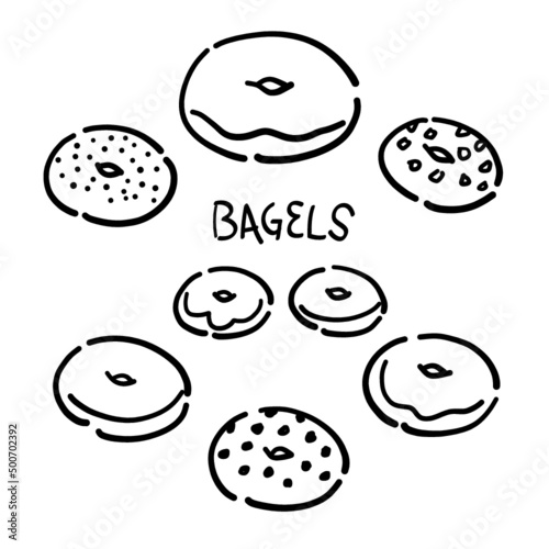 Hand drawn bagels doodle set - vector
