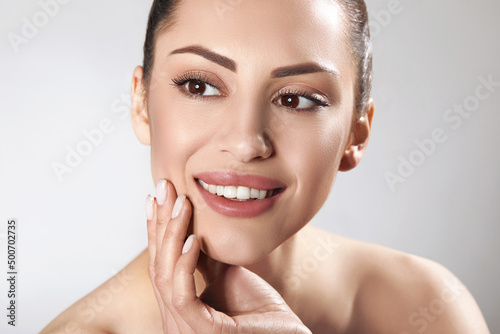 Beauty woman healthy happy smile clean skin. Skin care.