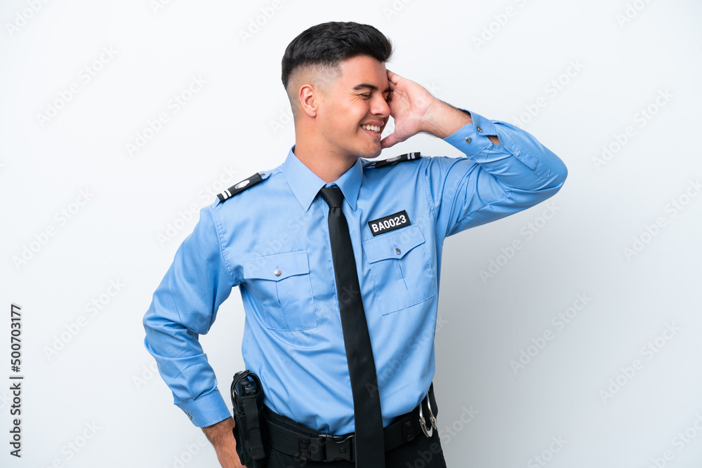 Young police caucasian man isolated on white background has realized something and intending the solution Young police caucasian man isolated on white background has realized something and intending the solution