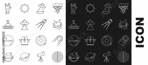 Set line Earth structure, Satellite, Planet, UFO flying spaceship, Mars rover, Vulcan salute and icon. Vector
