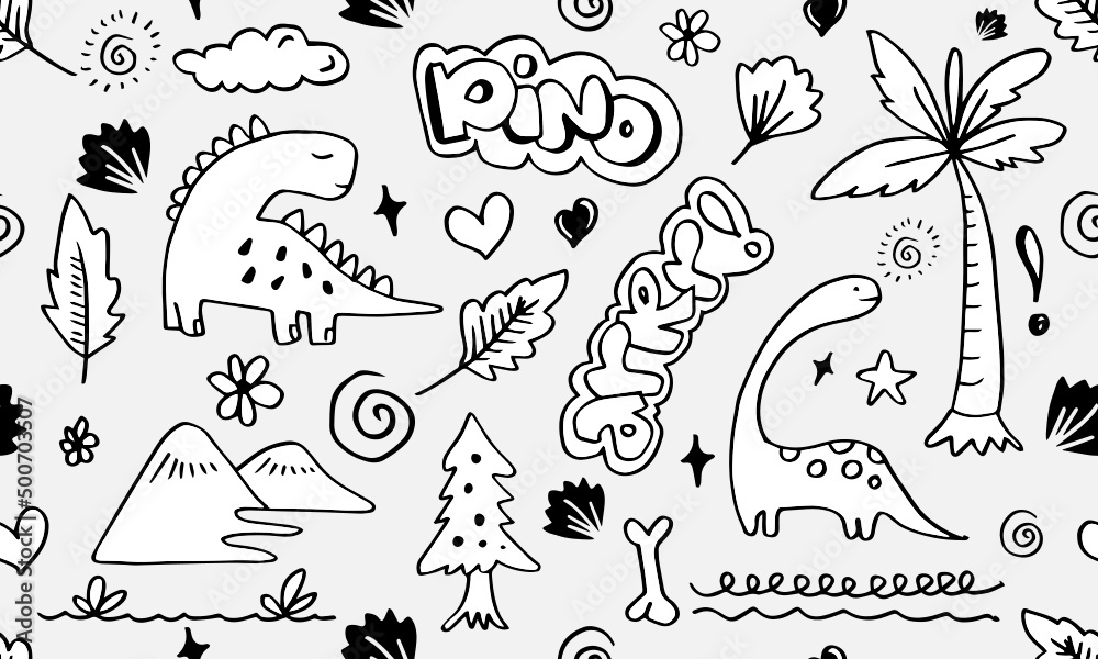 Dino. Seamless pattern. Vector illustration in doodle style. Hand drawn.Hand drawn children's pattern for fashion clothes, shirt, textile.