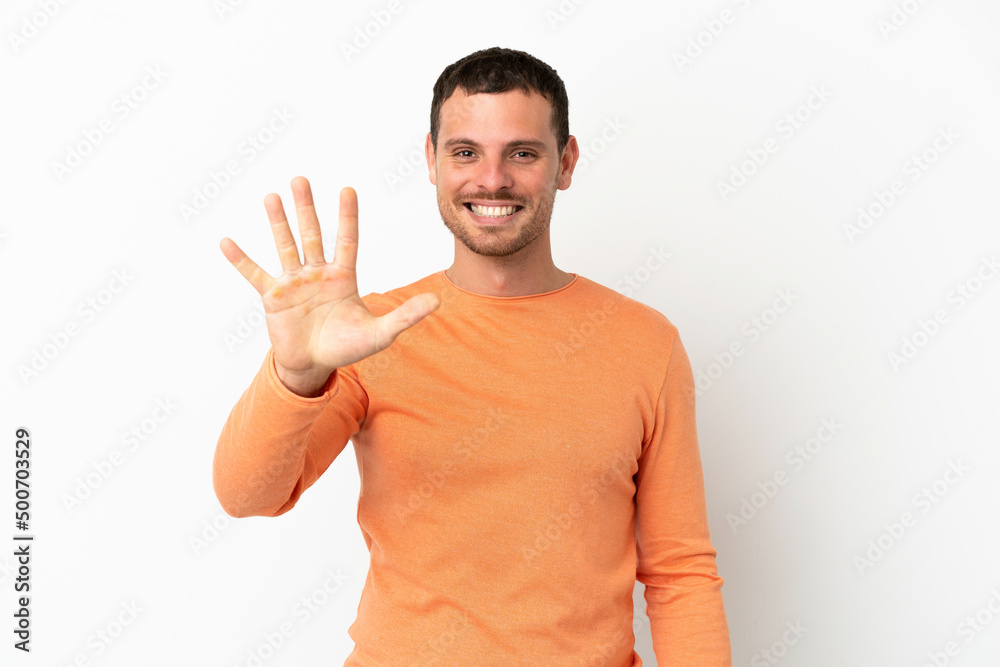Brazilian man over isolated white background counting five with fingers Brazilian man over isolated white background counting five with fingers