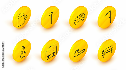Set line Bench, Chainsaw, Home greenhouse and plants, Plant pot, Scythe, Tractor, Hammer and Watering can icon. Vector
