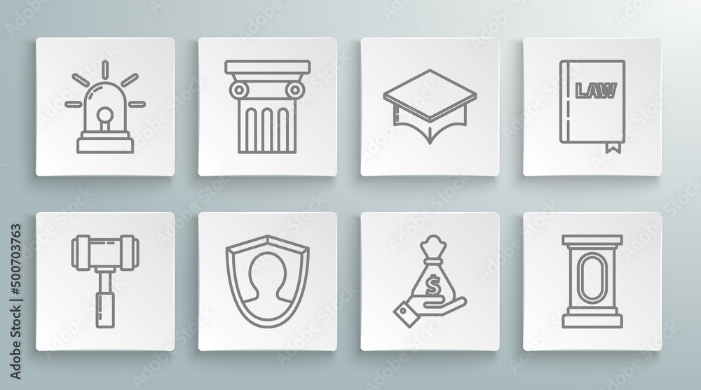 Set line Judge gavel, Law pillar, User protection, Hand holding money bag, Stage stand or debate podium rostrum, Graduation cap, book and Flasher siren icon. Vector