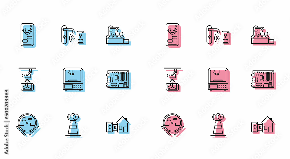 Set line Robot vacuum cleaner, Electronic computer components motherboard digital chip, Wireless Controlling CCTV security camera and Digital door lock with wireless technology for unlock icon. Vector Set line Robot vacuum cleaner, Electronic computer components motherboard digital chip, Wireless Controlling CCTV security camera and Digital door lock with wireless technology for unlock icon. Vector