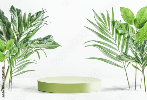 Modern product display with green podium and tropical leaves at white background. Showcase for beauty product. Front view with copy space. © VICUSCHKA