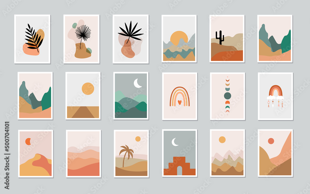Boho landscape poster collection. Desert, mountains and rainbow. Wall art designs bundle. Vector stock illustration