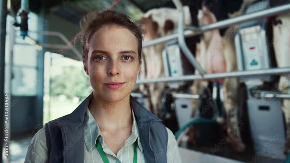 Portrait woman manager livestock facility. Modern agriculture business worker.