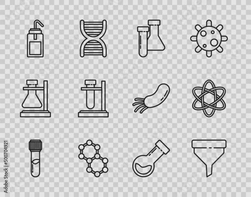 Set line Test tube and flask chemical, Funnel or filter, Molecule, Laboratory wash bottle, on stand, and Atom icon. Vector
