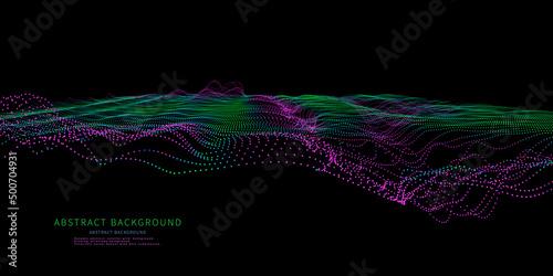 Abstract  background with wireframe technology color wave on black. Visual  presentation of analysis research. Computing 3D technology concept. Banner for business, science and technology. Big Data.