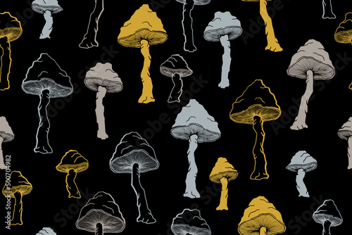 Amanita choky inedible mushrooms seamless pattern vector illustration.