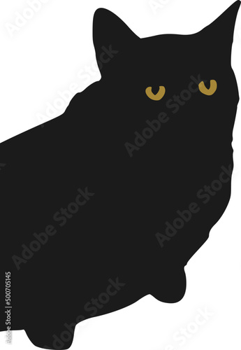 Fototapeta Naklejka Na Ścianę i Meble -  Vector silhouette of the front of the body and the head of a black cat with orange eyes. 2 colors, transparent background.