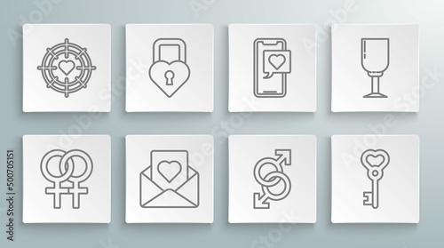 Set line Female gender symbol, Castle in the shape of heart, Envelope with, Male, Key, Smartphone speech bubble, Wine glass and Heart center darts target aim icon. Vector