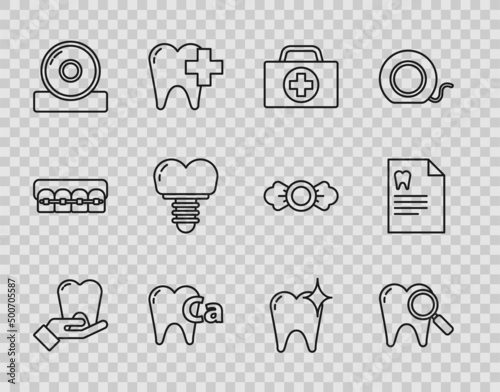 Set line Tooth, Dental search, First aid kit, Calcium for tooth, Otolaryngological head reflector, implant, whitening concept and Clipboard with dental card icon. Vector