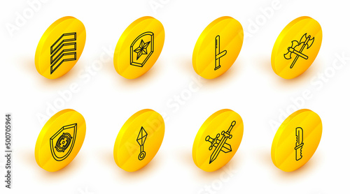 Set line Military knife, Crossed medieval sword, Japanese ninja shuriken, Target sport, axes, Police rubber baton, badge and rank icon. Vector