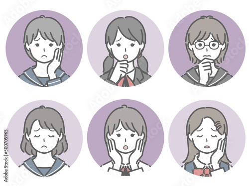困る女子学生の丸アイコンセット