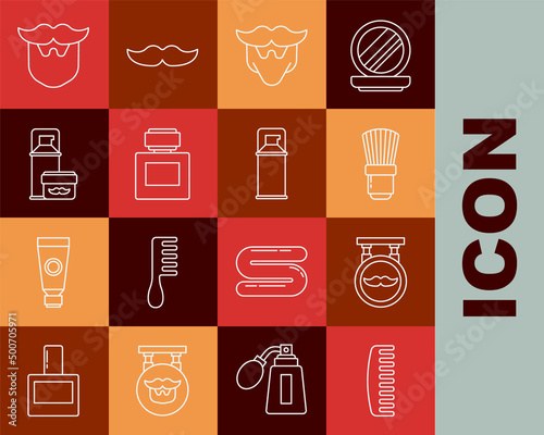 Set line Hairbrush, Barbershop, Shaving, Mustache and beard, Aftershave, gel foam, and icon. Vector