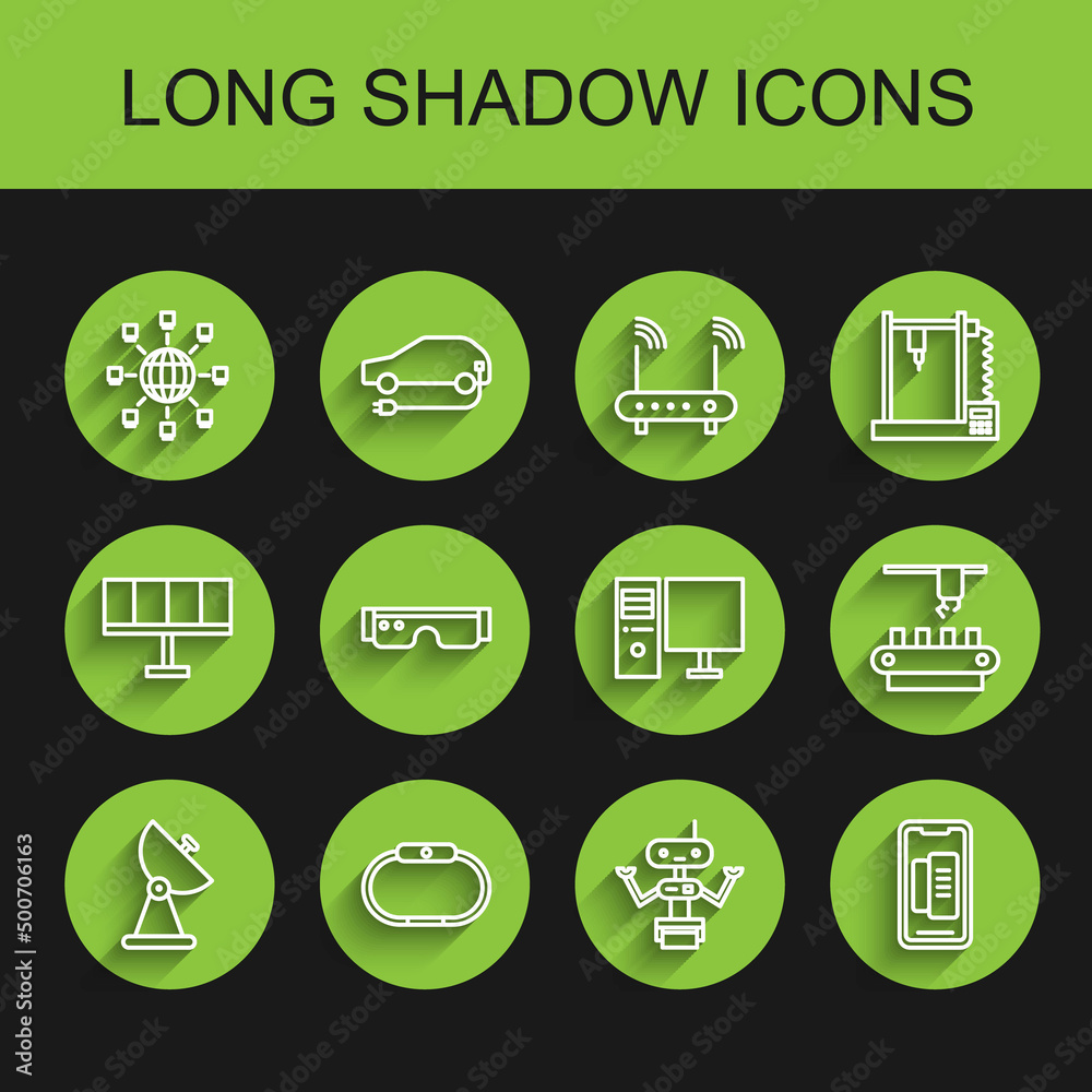 Set line Radar, Smartwatch, Social network, Robot, Smartphone, mobile phone, glasses, Factory conveyor system belt and Computer monitor icon. Vector Set line Radar, Smartwatch, Social network, Robot, Smartphone, mobile phone, glasses, Factory conveyor system belt and Computer monitor icon. Vector