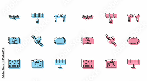 Set line Pills in blister pack, Mirrorless camera, Drone flying, Solar energy panel, Satellite, Smartwatch, Video graphic card and Server, Data, Web Hosting icon. Vector