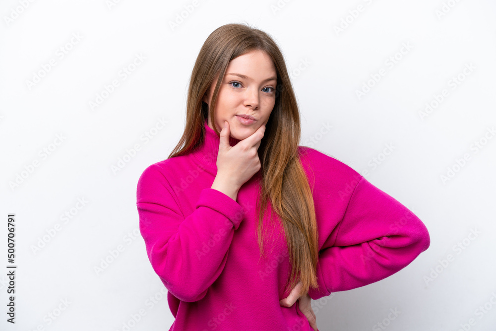 Young caucasian woman isolated on white background thinking an idea while looking up Young caucasian woman isolated on white background thinking an idea while looking up