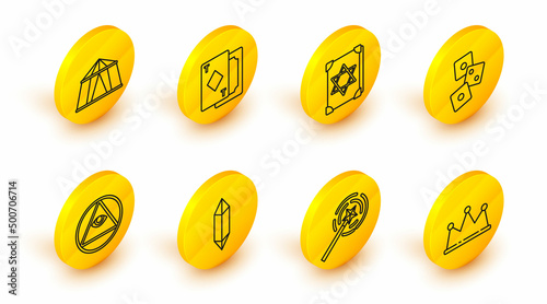 Set line Crown, Magic wand, stone, Masons, Game dice, Ancient magic book, Playing cards and Circus tent icon. Vector
