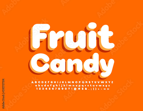 Vector sweet emblem Fruit Candy. Trendy 3D Font. Minimalist stylish Alphabet Letters, Numbers and Symbols set