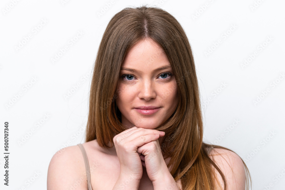 Naklejka premium Young caucasian woman isolated on white background . Portrait