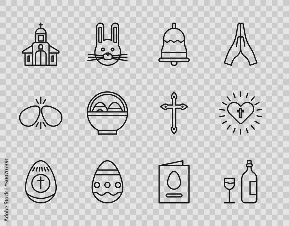 Set line Easter egg, Wine bottle with glass, Ringing bell, Church building, Basket easter eggs, Greeting card Happy and Christian cross and heart icon. Vector Set line Easter egg, Wine bottle with glass, Ringing bell, Church building, Basket easter eggs, Greeting card Happy and Christian cross and heart icon. Vector