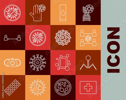 Set line First aid kit, Bacteria bacteriophage, Virus spread, Blood test and virus, Stop, Safe distance, and icon. Vector
