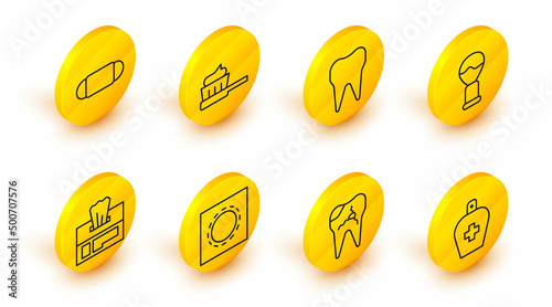 Set line Bottle of liquid antibacterial soap, Broken tooth, Condom in package safe sex, Wet wipe, Shaving brush, Tooth, Toothbrush with toothpaste and Medical protective mask icon. Vector