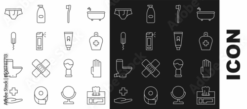 Set line Wet wipe pack, Rubber gloves, Bottle of liquid antibacterial soap, Toothbrush, with nozzle spray, Sanitary tampon, Underwear and Tube toothpaste icon. Vector