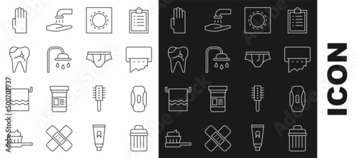 Set line Trash can, Sanitary napkin, Paper towel dispenser on wall, Condom package safe sex, Shower head, Broken tooth, Rubber gloves and Underwear icon. Vector