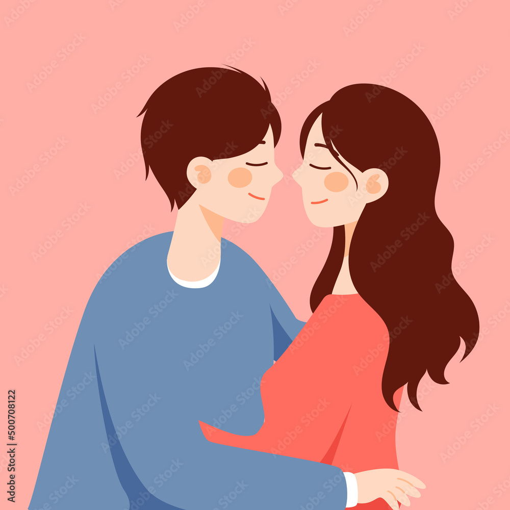 Valentine's day lovers kiss with bouquet and plants in background, vector illustration
