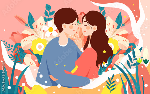 Valentine's day lovers kiss with bouquet and plants in background, vector illustration