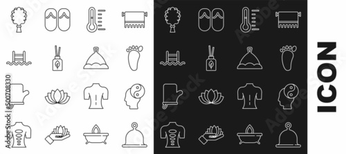 Set line Sauna hat, Yin Yang, Foot massage, thermometer, Aroma diffuser, Swimming pool with ladder, broom and icon. Vector