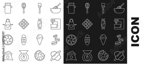 Set line Rolling pin on dough, Macaron cookie, Electric mixer, Spatula, Waffle, Kitchen apron, Can container for milk and Candy icon. Vector