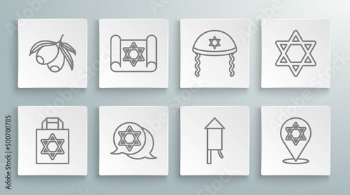 Set line Shopping bag with star of david, Torah scroll, Star David, Firework rocket, Jewish kippah, and Olives branch icon. Vector
