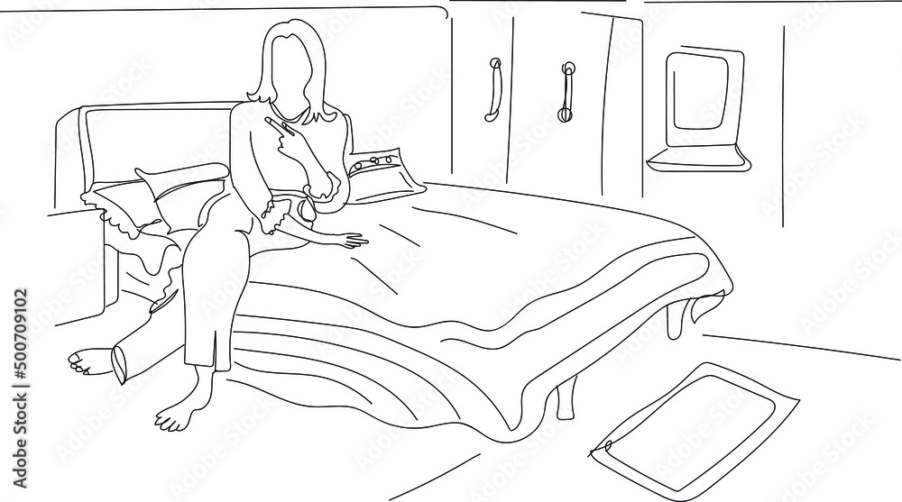 continuous one line sketch drawing woman sitting on double bed, line art illustration of living room continuous one line sketch drawing woman sitting on double bed, line art illustration of living room