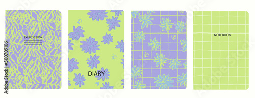 Set of cover page templates with viola flowers. Based on seamless patterns. Headers isolated and replaceable. Perfect for school notebooks, notepads, diaries