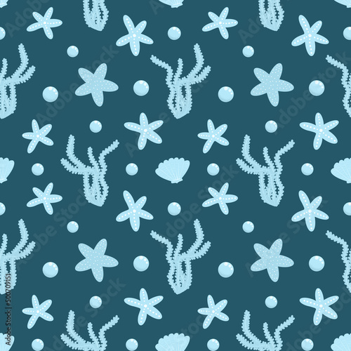 Seamless tropical coral pattern. Design for textiles, stationery, for web pages background. Pattern with corals, seashells and starfish. Monochrome background.