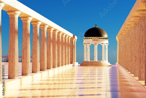 Leinwand Poster Roman colonnade with temple. 3D Render