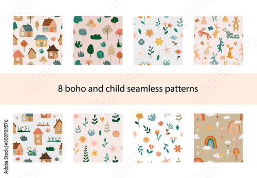Boho kid seamless patterns collection. Baby nursery print. Cute houses and flowers. Rainbow, rabbit. Vector illustration