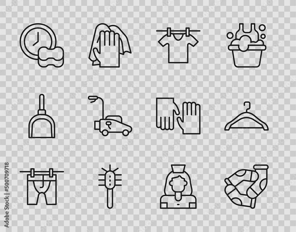 Set line Drying clothes, Socks, Toilet brush, Washing dishes, Lawn mower, Cleaning lady service and Hanger wardrobe icon. Vector Set line Drying clothes, Socks, Toilet brush, Washing dishes, Lawn mower, Cleaning lady service and Hanger wardrobe icon. Vector