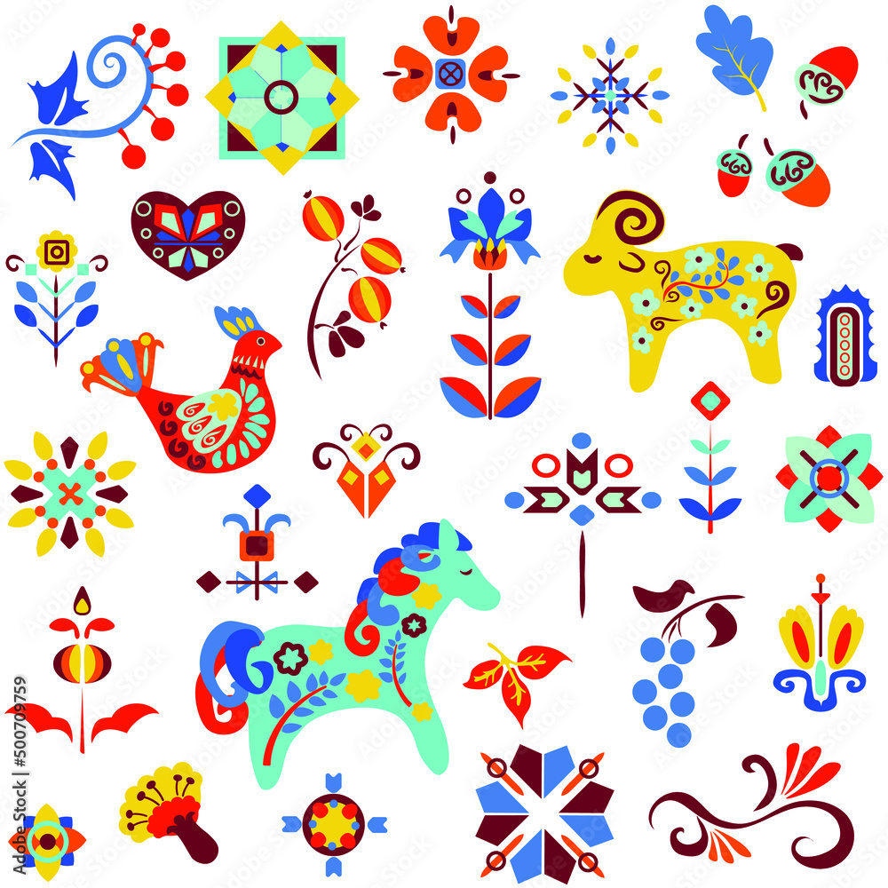 Vector composition with toy horse, ram and hen with floral and decorative elements in folk-art style. Pattern in the style of Ukrainian arts and crafts.
