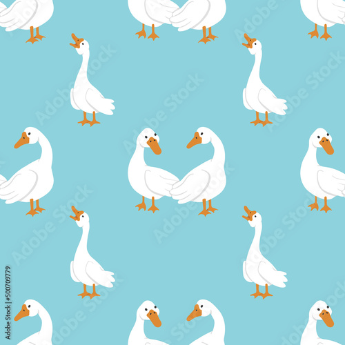 Vector seamless pattern with white geese on a blue background. A pair of geese look at each other and a cackling goose. Bright print for fabrics, wrapping paper, design, etc.