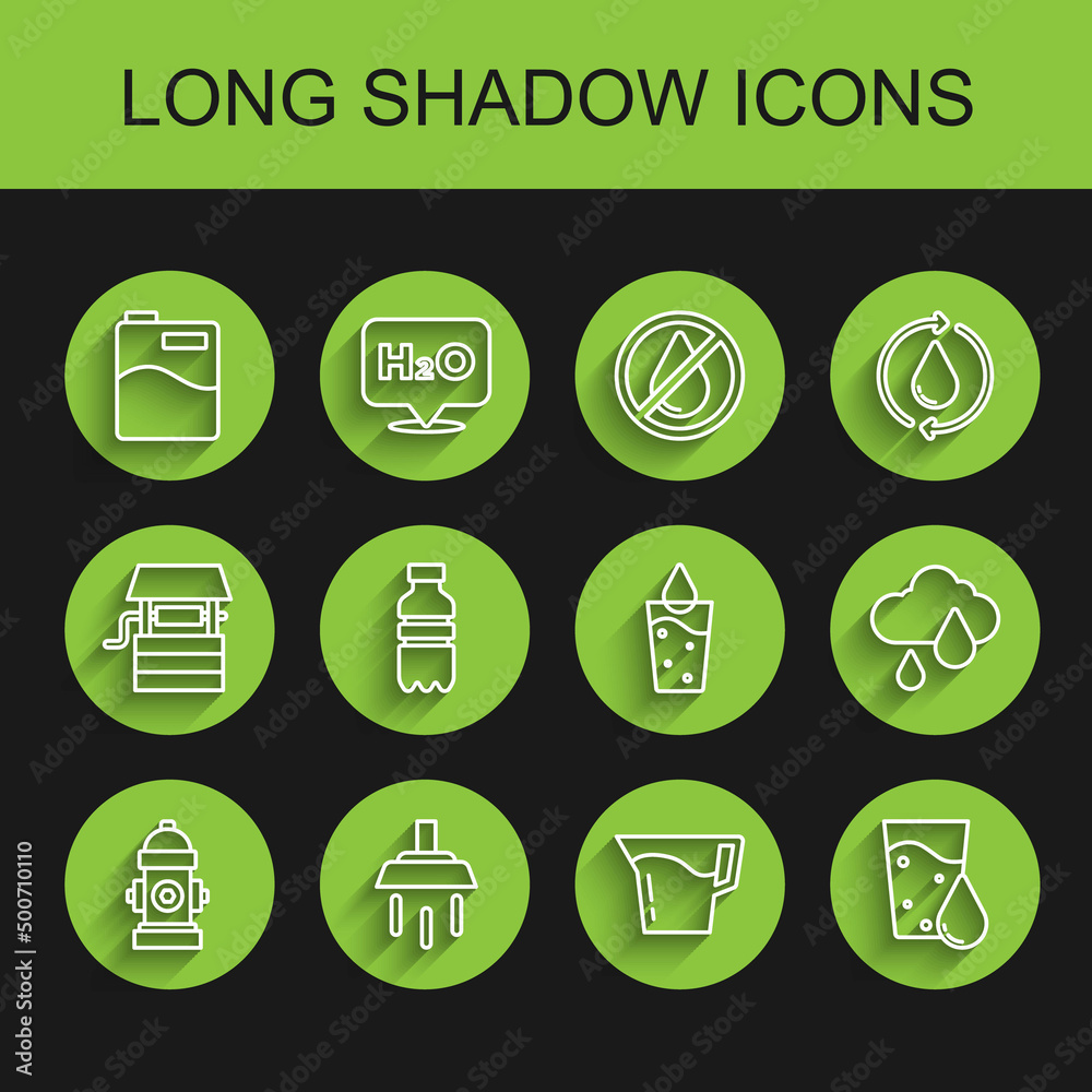 Set line Fire hydrant, Shower, Big bottle with clean water, Jug glass, Glass, Bottle of, Cloud rain and icon. Vector Set line Fire hydrant, Shower, Big bottle with clean water, Jug glass, Glass, Bottle of, Cloud rain and icon. Vector