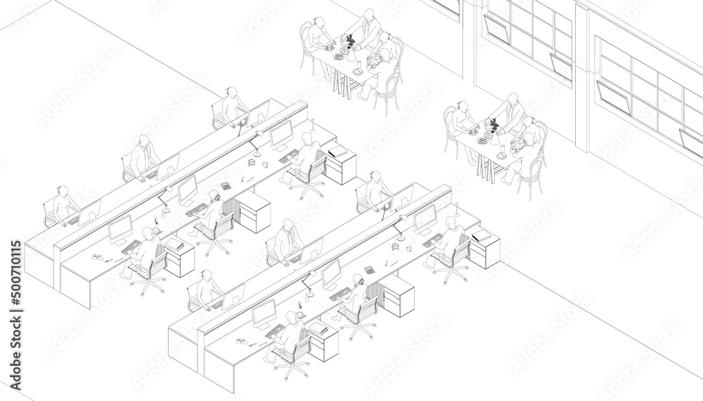 Outline of an office with working people at computers from black lines isolated on a white background. Isometric view. Vector illustration