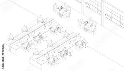 Outline of an office with working people at computers from black lines isolated on a white background. Isometric view. Vector illustration