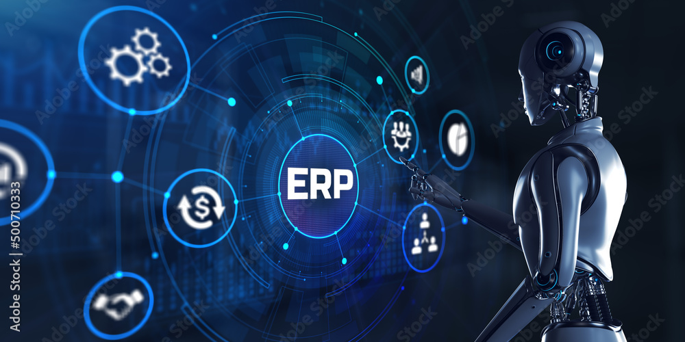 Fototapeta premium ERP Enterprise resources planning. Robot pressing button on screen 3d render.