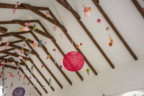 various ornaments hanging from the ceiling
